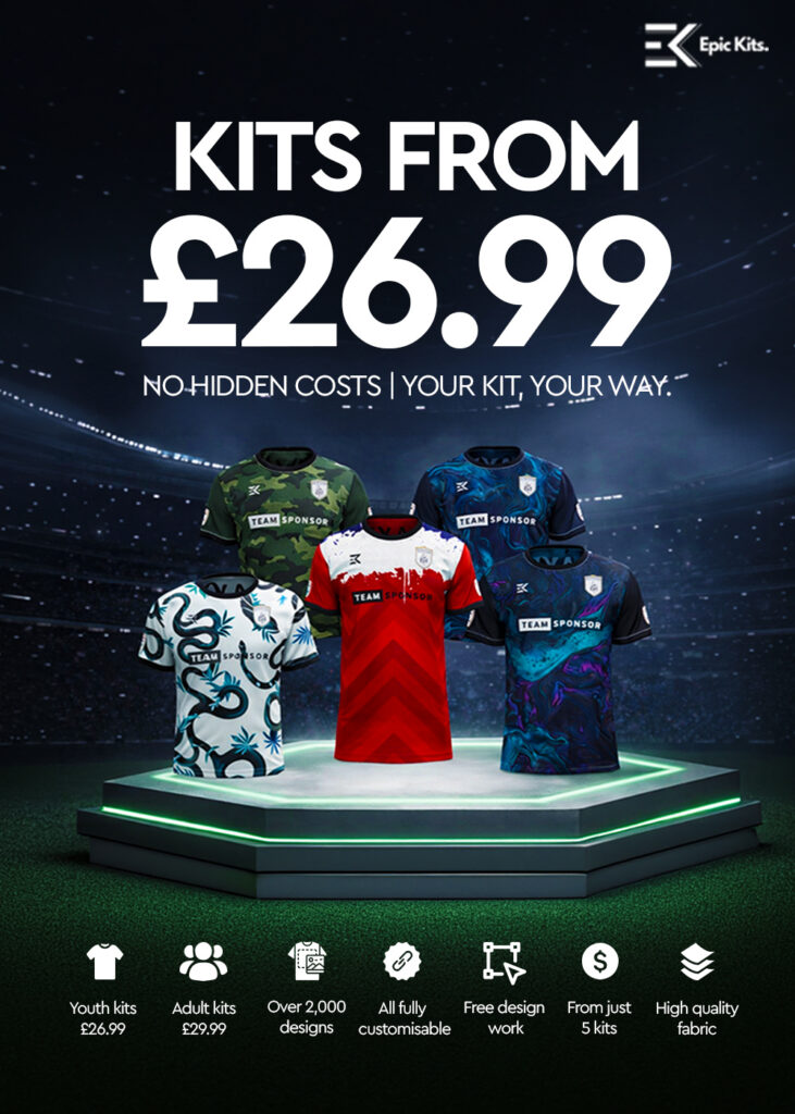 Custom football kits banner with 5 jerseys, usp and value proposition