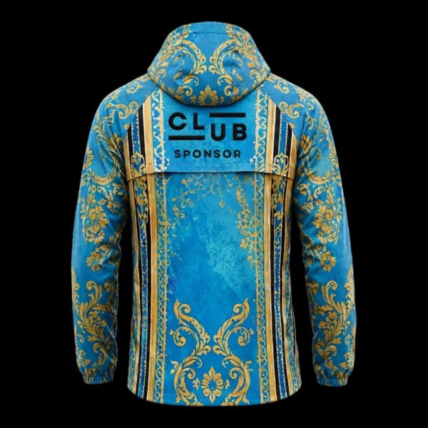 Baroque Blue & Gold custom football rain jacket in sky blue, gold and black – back view with club badge and sponsor