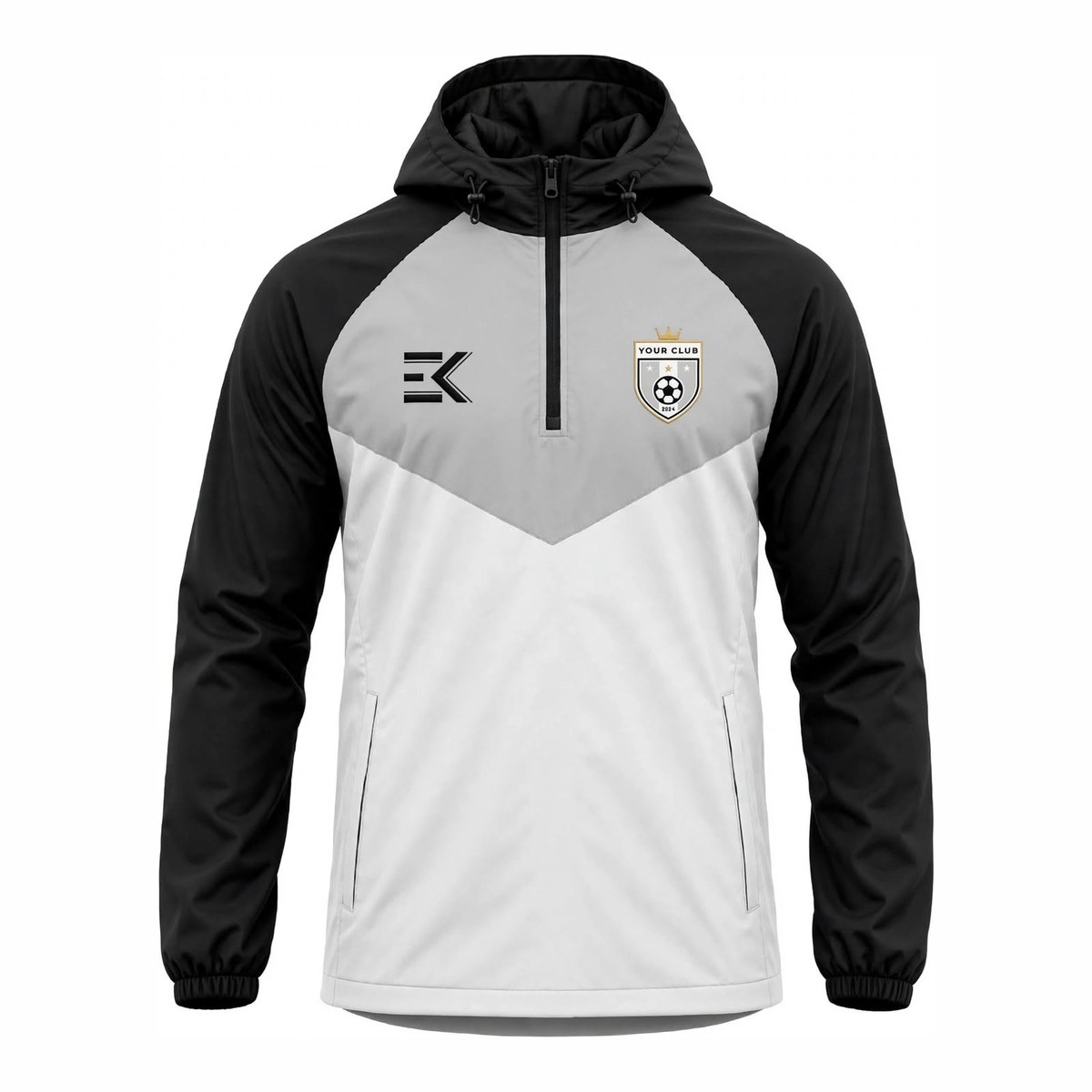 Black & Grey Half-Zip Smock custom football smock in black, grey and white – front view with club badge