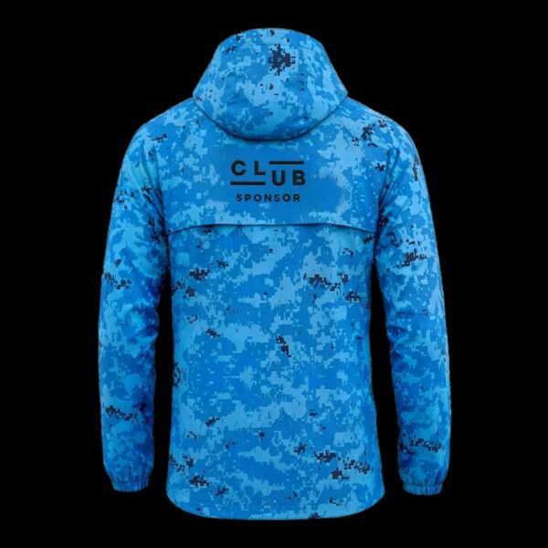 Blue Digital Camo custom football rain jacket in sky blue and navy – back view with club badge and sponsor