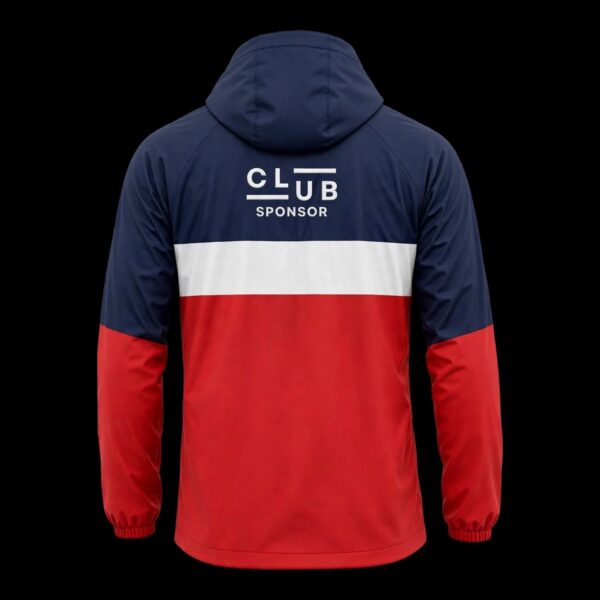 Navy & Red Chevron custom football rain jacket in navy, white and red – back view with club badge and sponsor