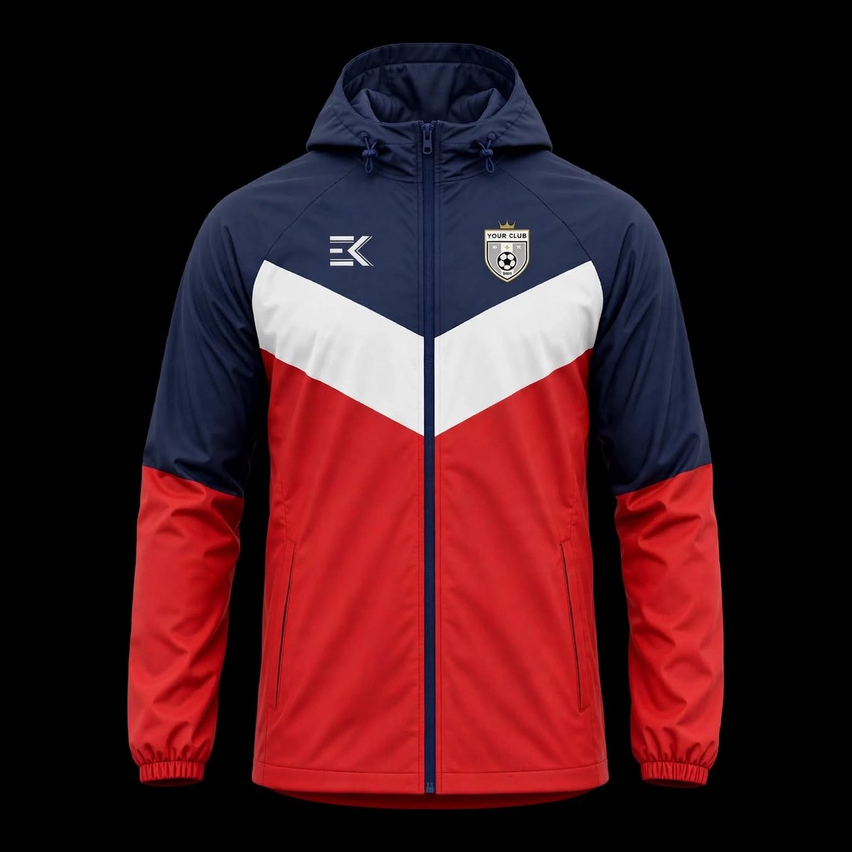 Navy & Red Chevron custom football rain jacket in navy, white and red – front view with club badge