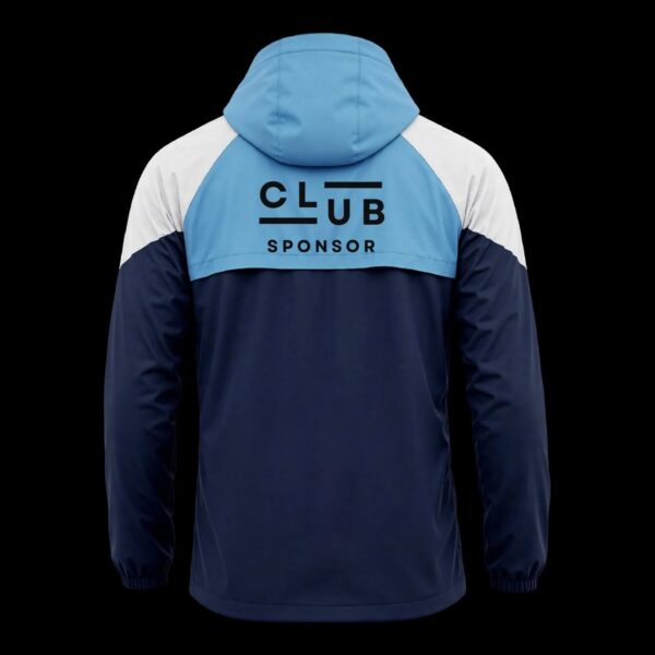 Sky Blue & Navy Chevron custom football rain jacket in sky blue, navy and white – back view with club badge and sponsor