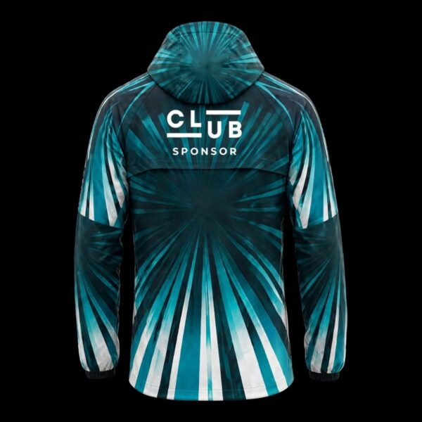 Teal Burst custom football rain jacket in teal, black and white – back view with club badge and sponsor
