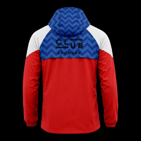 Tricolour Zigzag custom football rain jacket in royal blue, white and red – back view with club badge and sponsor