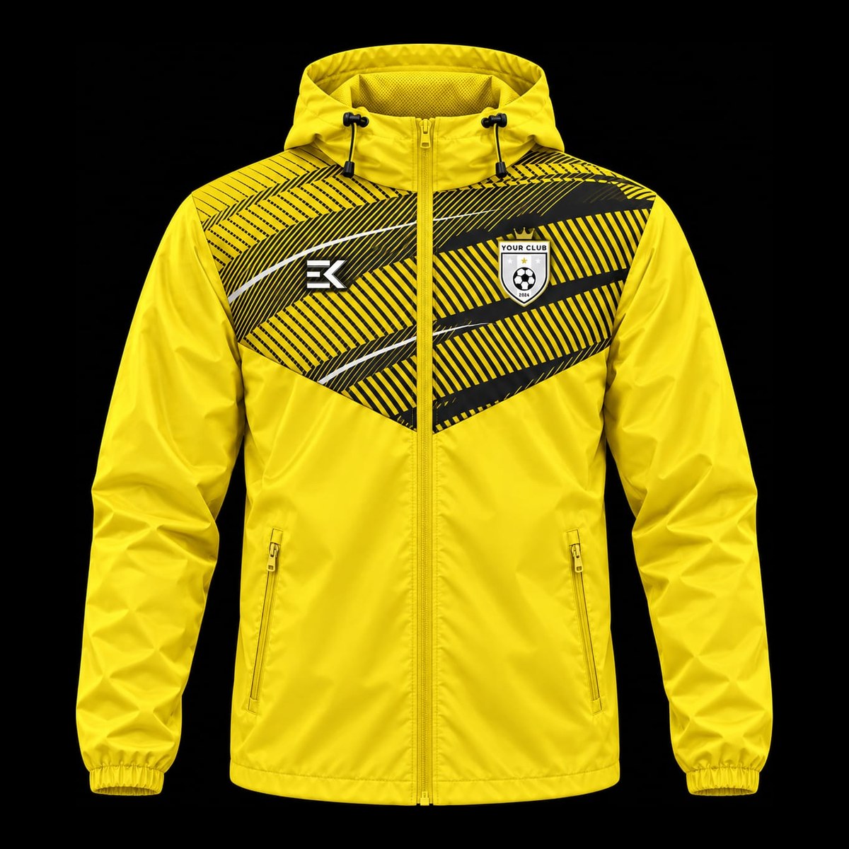Yellow & Black Hatch custom football rain jacket in yellow and black – front view with club badge