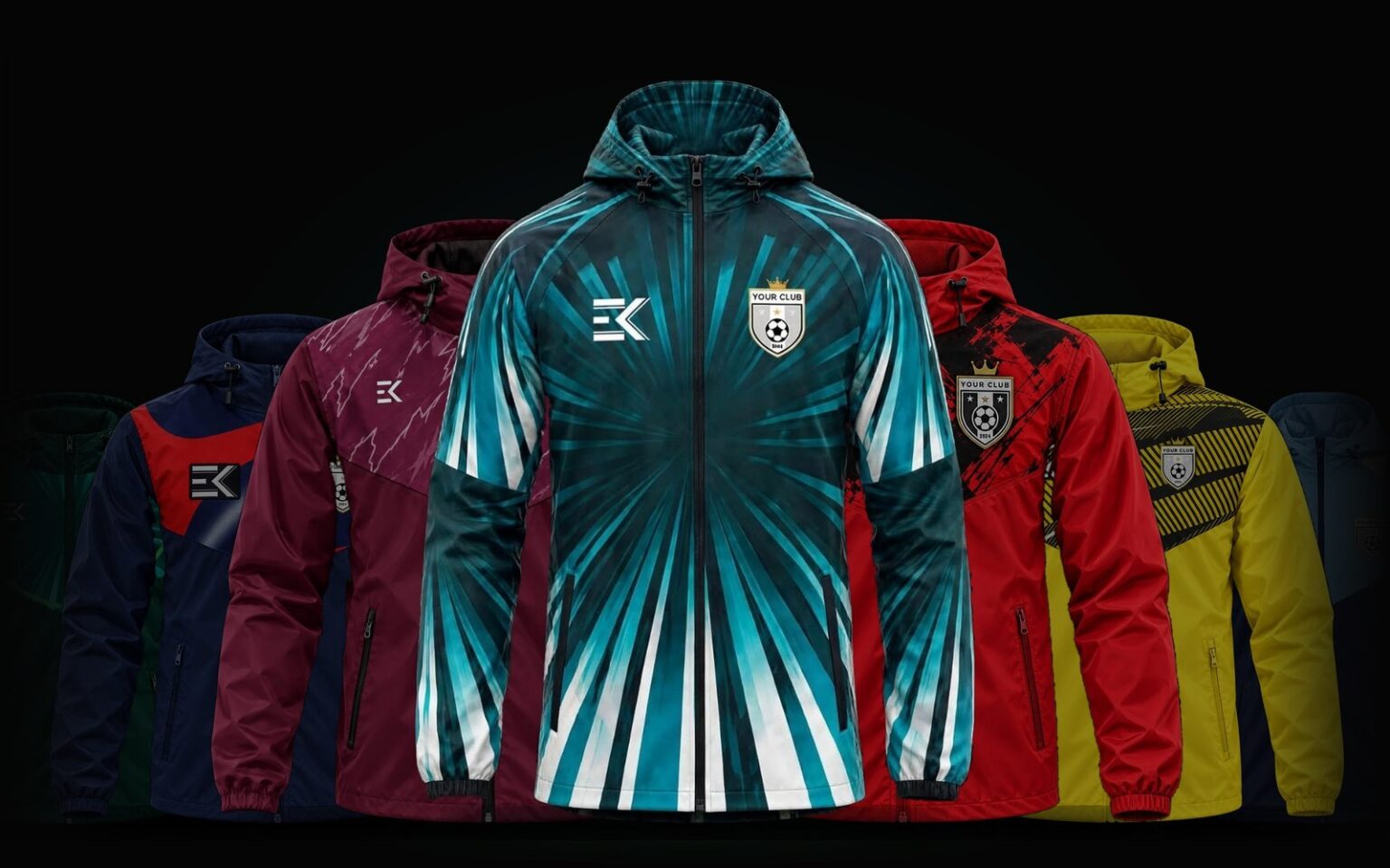 Seven custom football rain jackets in different club colours and designs